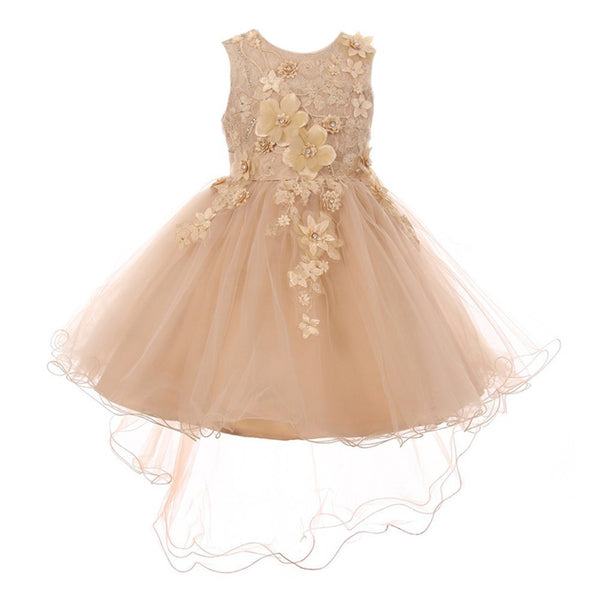 Little Girls Taupe 3D Floral Appliques Hi-Low Tulle Flower Girl Dress 2-6 - SophiasStyle.com